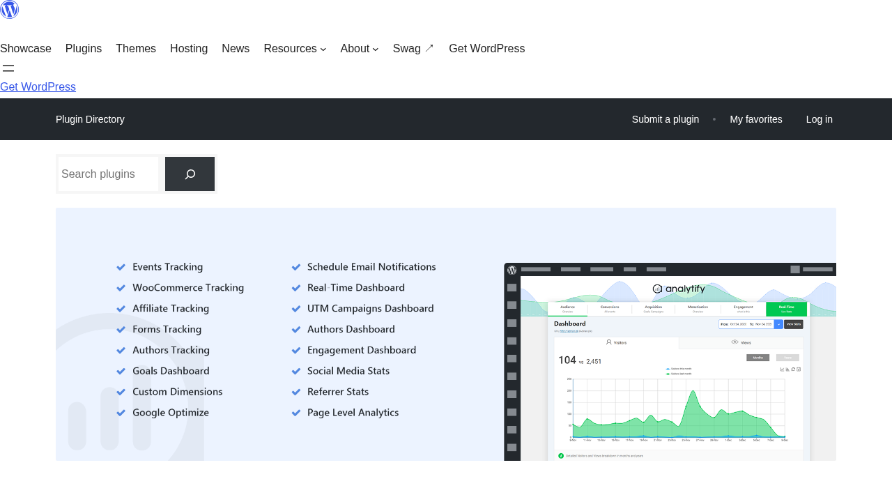 Analytify plugin listing on WordPress.org showing 20,000 plus active installs, 4.7 out of 5 star rating, version 9.1.2, and last updated August 17, 2026
