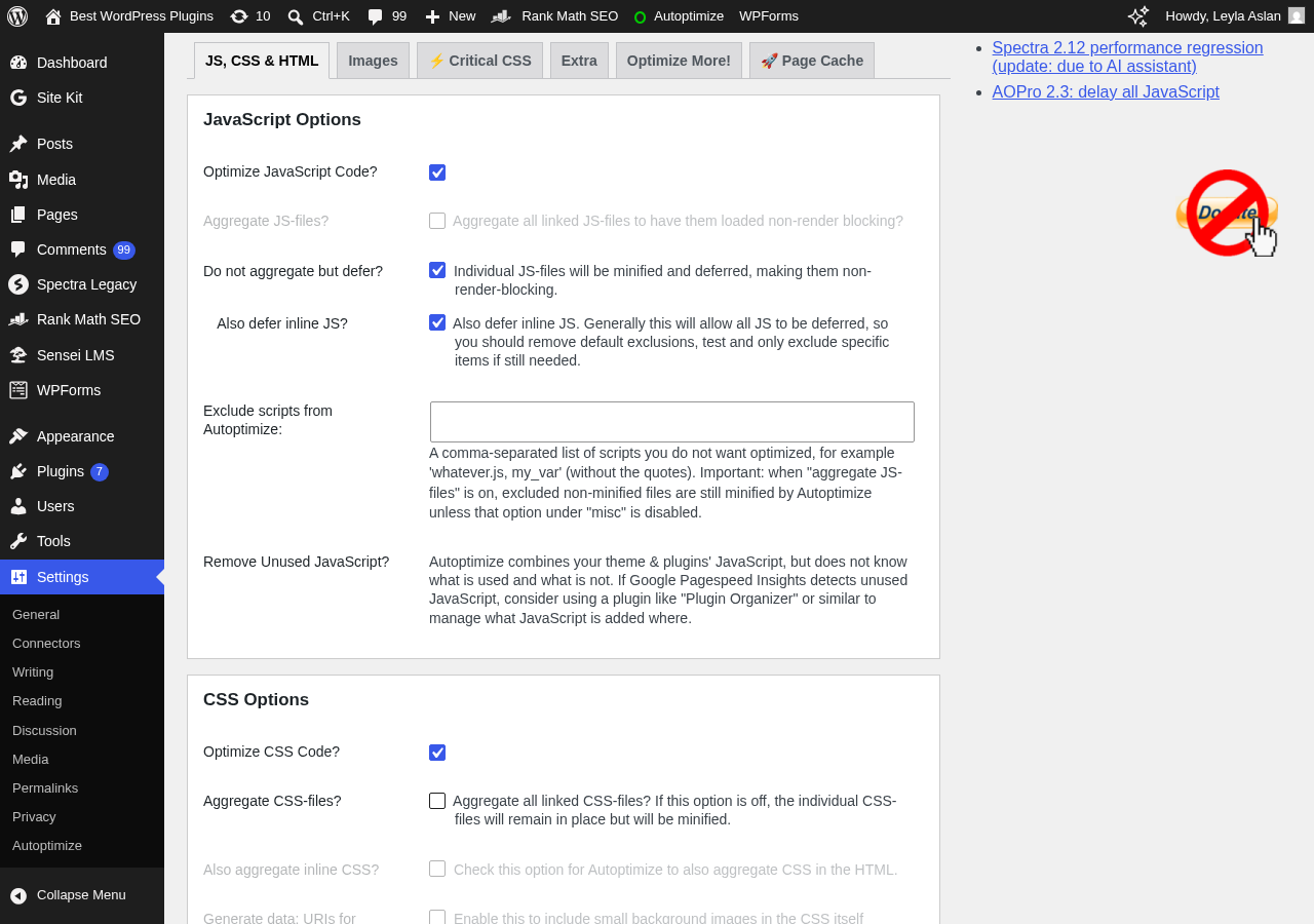 Autoptimize CSS settings showing the aggregation option, inline CSS option, critical CSS input field, and the CSS exclusion list.
