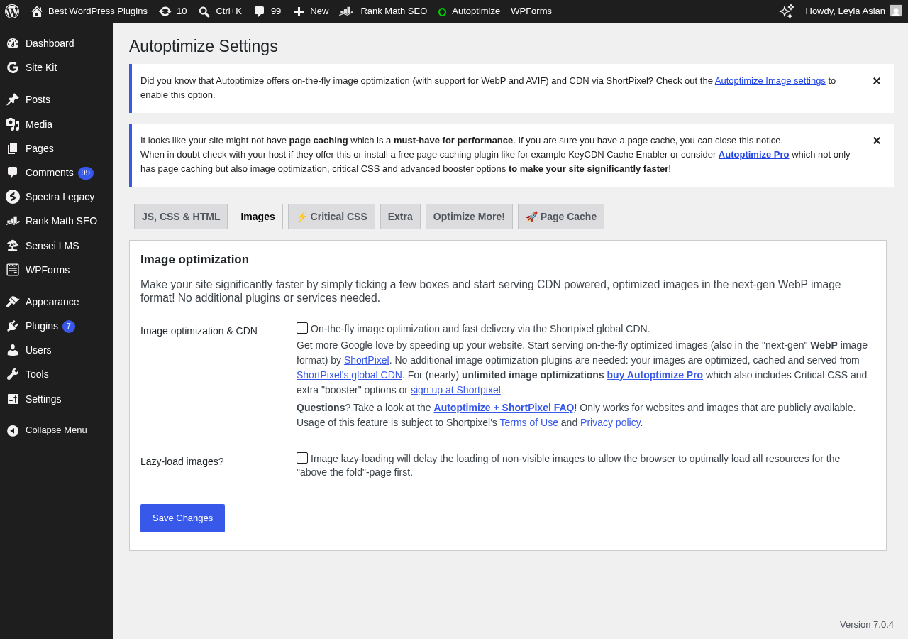 Autoptimize image optimization settings showing lazy-loading toggle and WebP/AVIF format options.