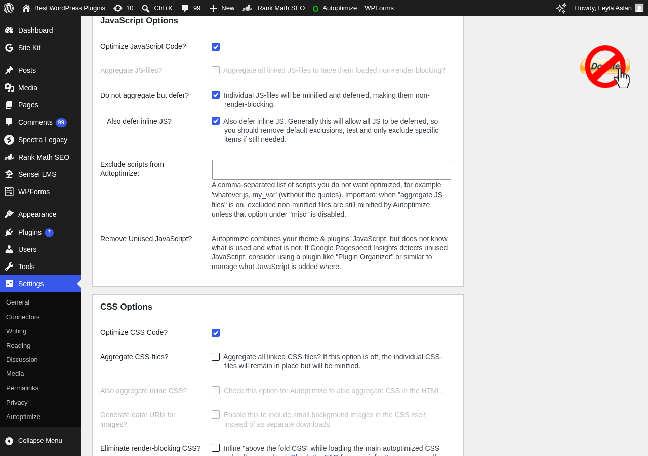 Autoptimize settings panel showing the main optimization sections for JavaScript, CSS, and HTML, with checkboxes for minification, aggregation, and deferral options.