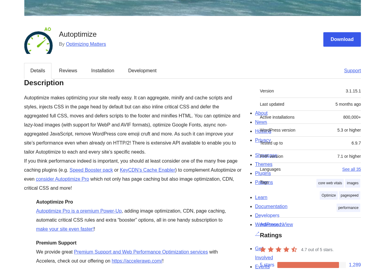 Autoptimize WordPress.org listing showing the plugin title, author Optimizing Matters, version 3.1.15.1, 800,000+ active installs, and a 4.7 star rating.