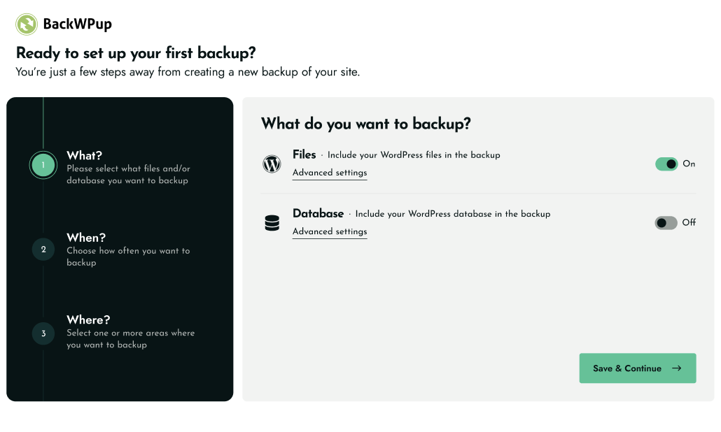 BackWPup admin panel showing the backup job settings with tabs for General, Schedule, destination storage, and Log, with checkboxes for backing up WordPress files, database, installed plugins list, and WordPress settings