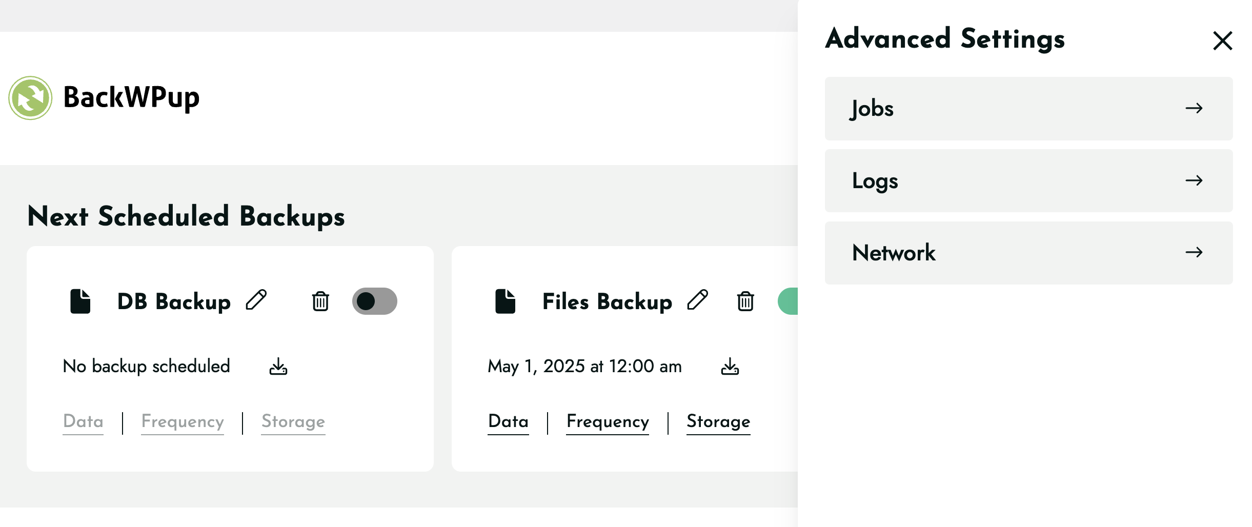 BackWPup admin panel showing the backup job settings interface with four tabs: General, Schedule, destination, and Log, plus the backup content selector with checkboxes for Files, Databases, installed plugins list, WordPress settings, and database tables.
