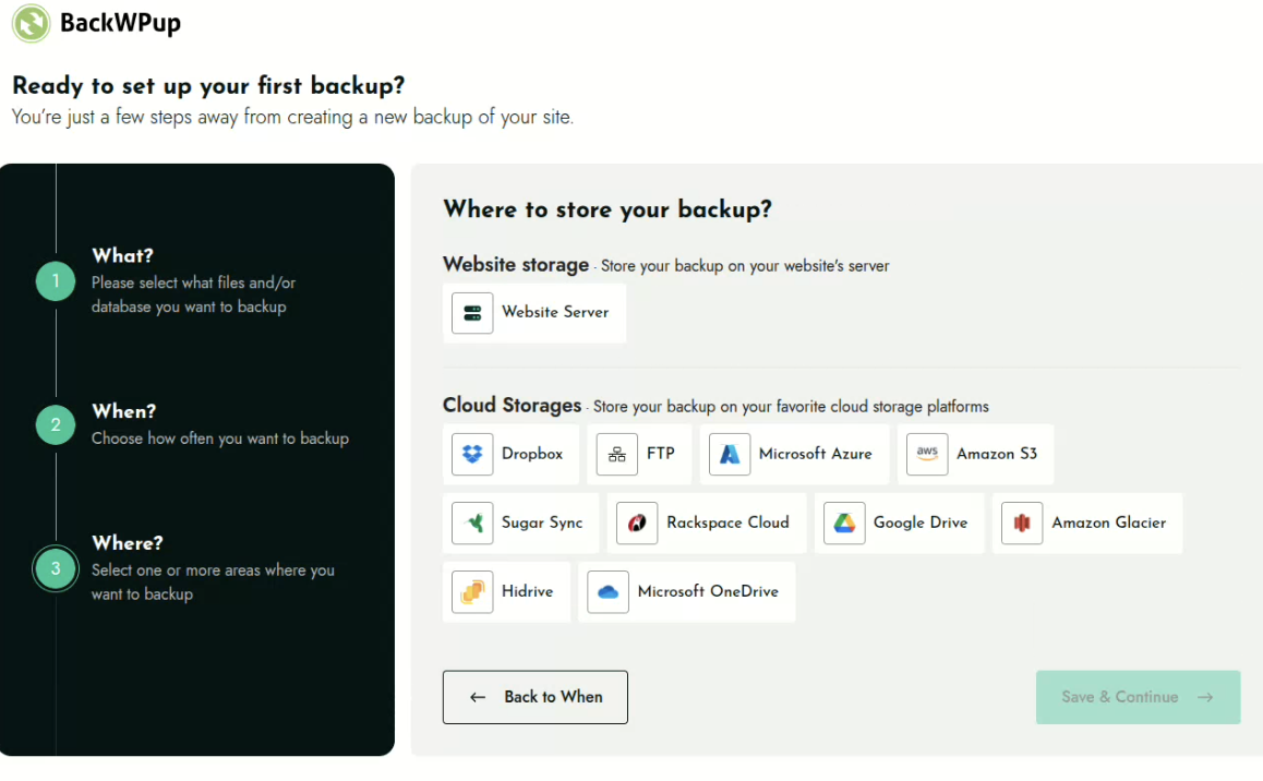 BackWPup storage destination selector showing icons for Website Server, FTP, SFTP, Amazon S3, Microsoft Azure, Dropbox, Rackspace Cloud Files, and SugarSync as available free storage destinations.