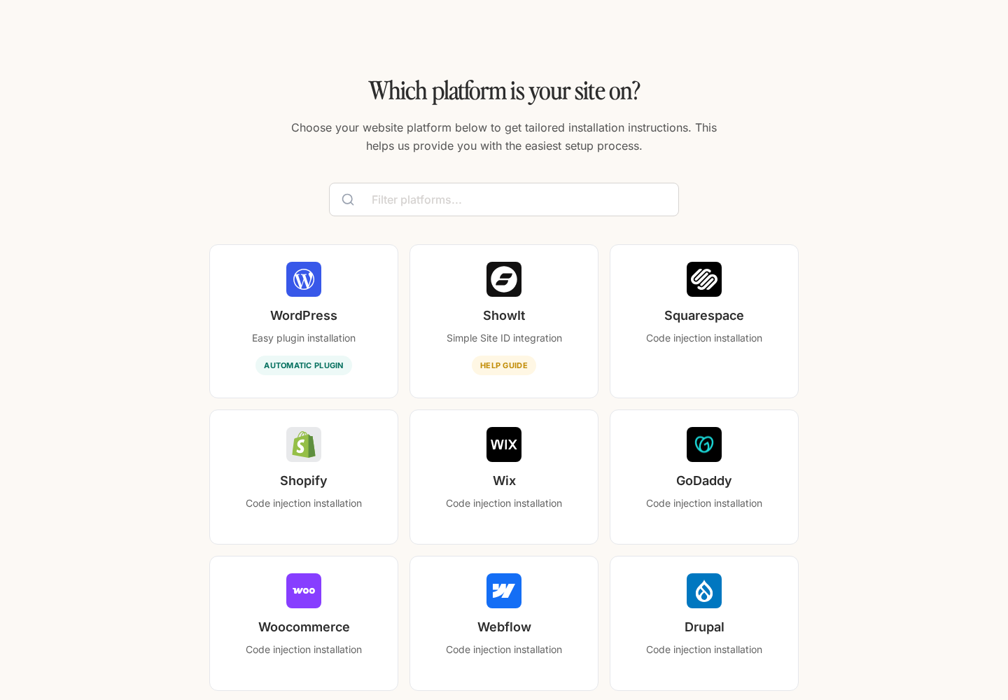 BDOW platform setup screen showing WordPress plugin installation option