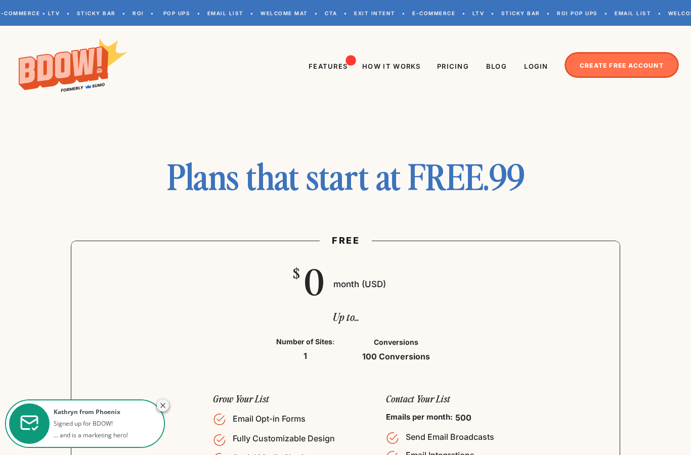 BDOW pricing page showing free, Plus, and Pro plan details
