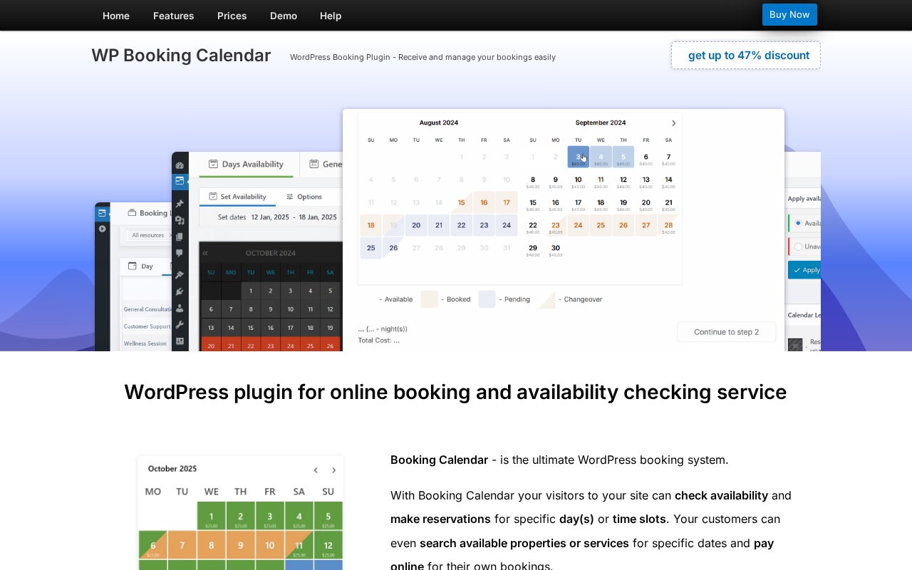 WP Booking Calendar homepage showing the headline WordPress plugin for online booking and availability checking service, a split-screen illustration of the admin availability panel and the front-end booking calendar with colored available, booked, pending, and changeover date states