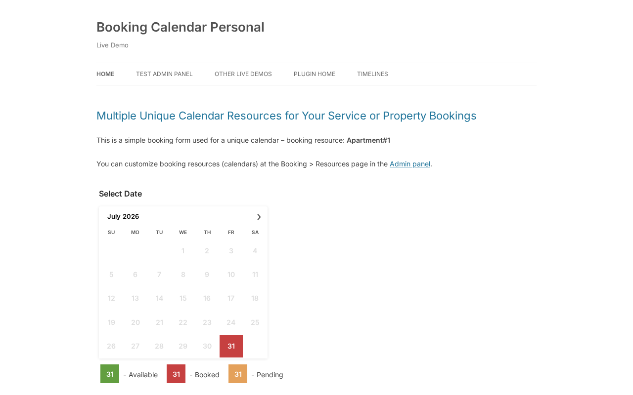 Booking Calendar Personal live demo showing a full-day July 2026 calendar for Apartment 1 with color-coded date states: green for available, red for booked, and orange for pending, and a legend below the calendar