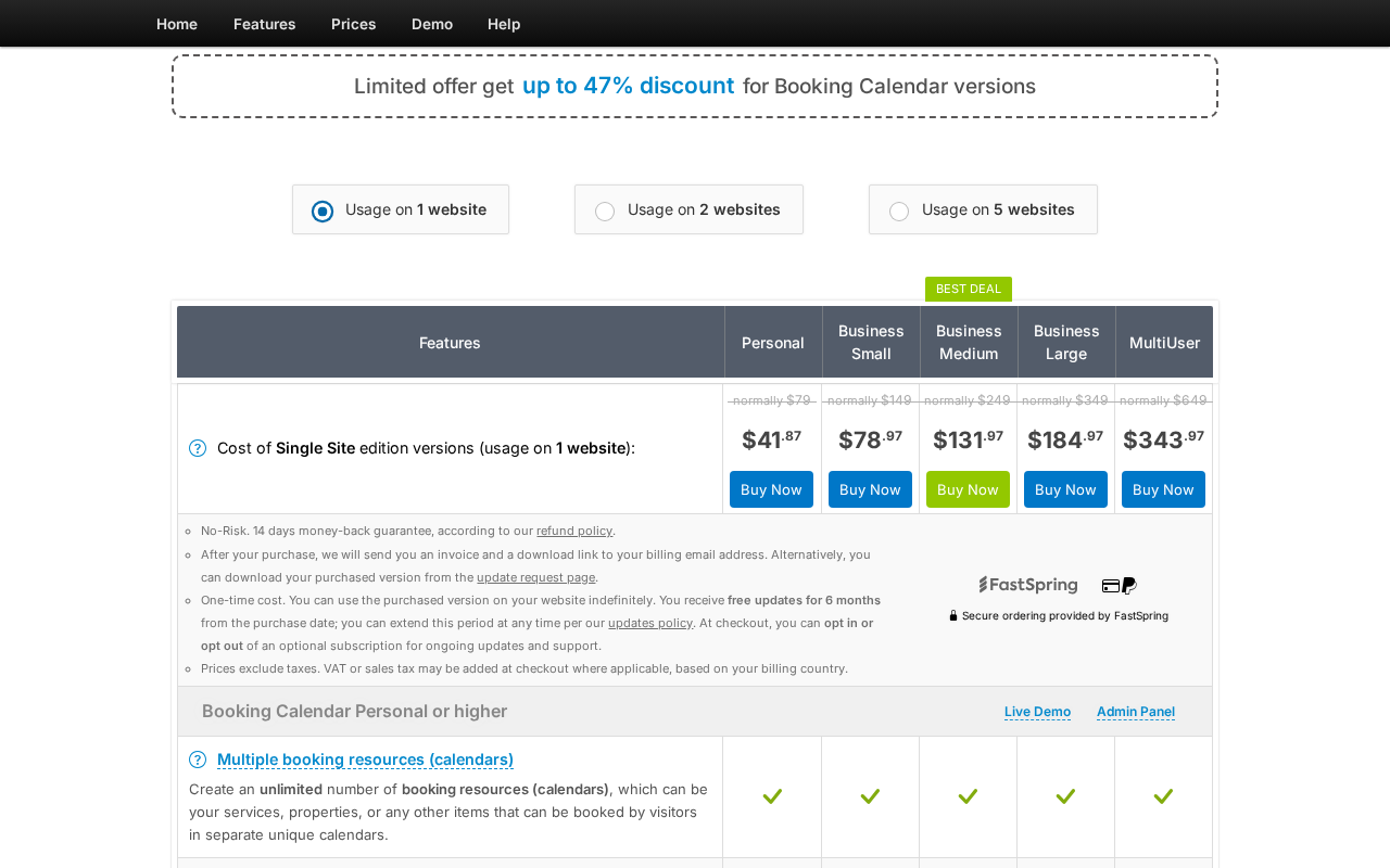 Booking Calendar pricing page showing five plan columns: Personal, Business Small, Business Medium marked BEST DEAL, Business Large, and MultiUser, with sale prices and Buy Now buttons, plus 14 days money-back guarantee and FastSpring secure ordering badges
