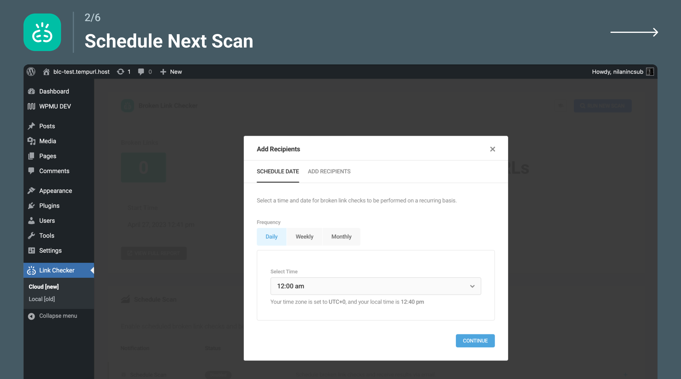 Broken Link Checker scheduled scan settings showing weekly and custom scan frequency options in the cloud engine