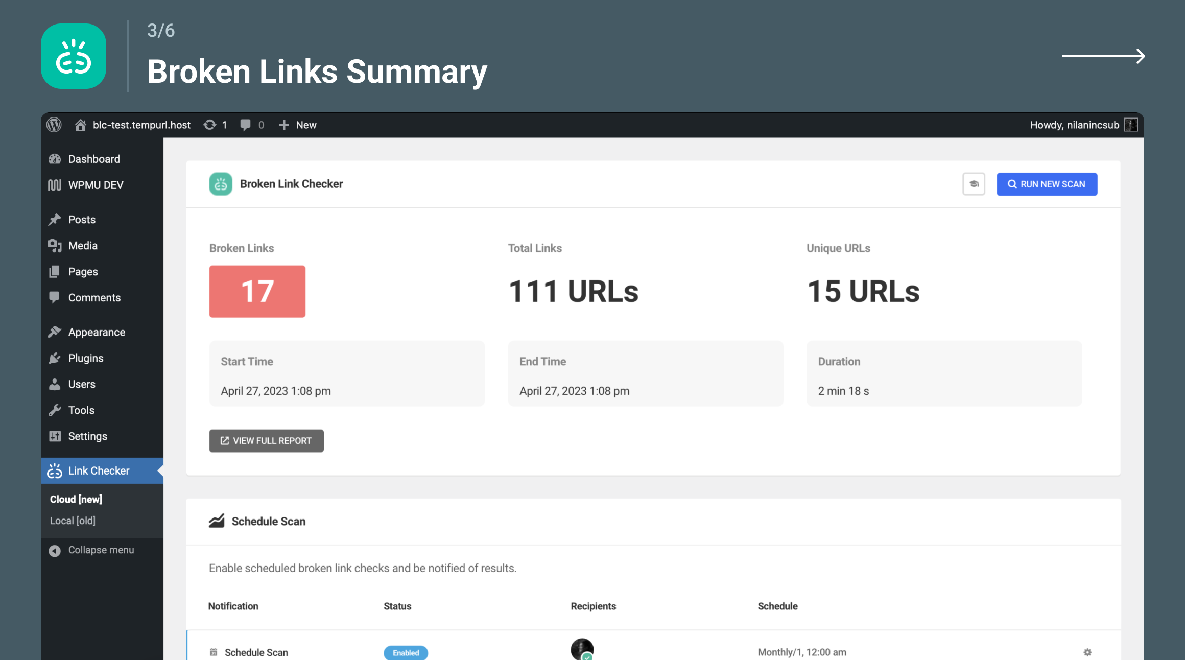 Broken Link Checker in-plugin broken links summary dashboard showing links filtered by HTTP status code