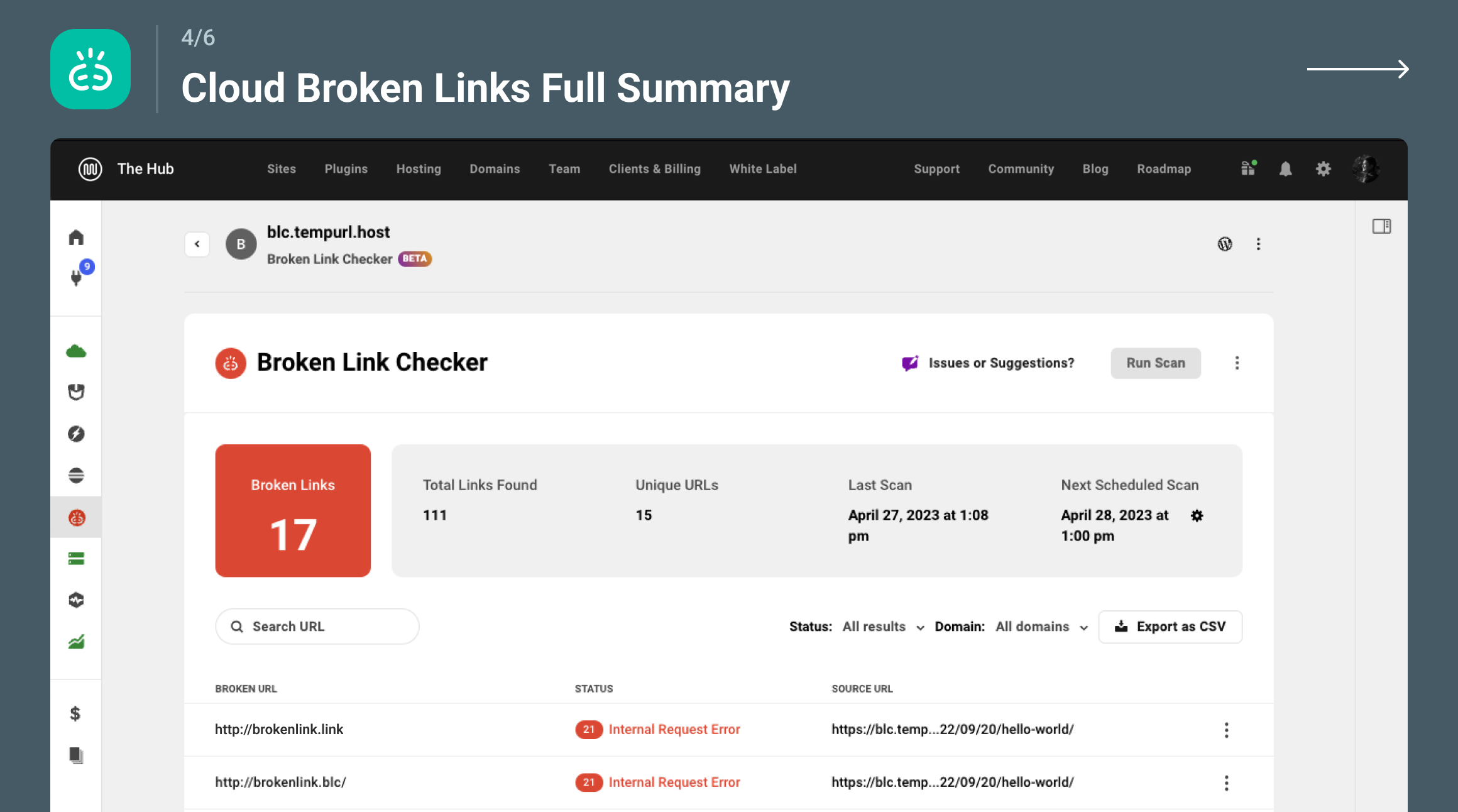Broken Link Checker cloud engine full dashboard showing comprehensive broken links list with status codes and source pages