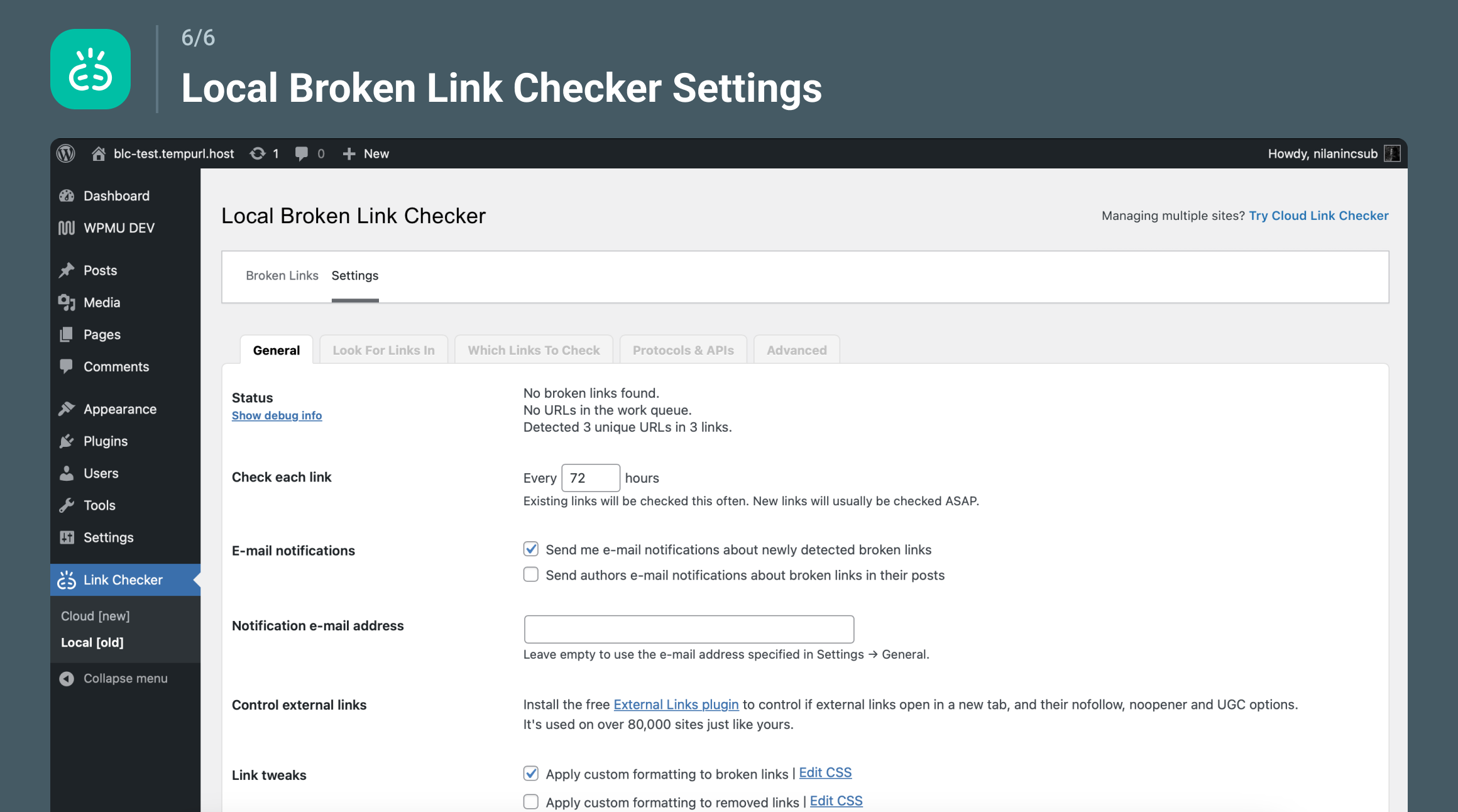 Broken Link Checker local engine settings panel showing scan frequency, email notification options, post types to scan, and URL exclusion configuration