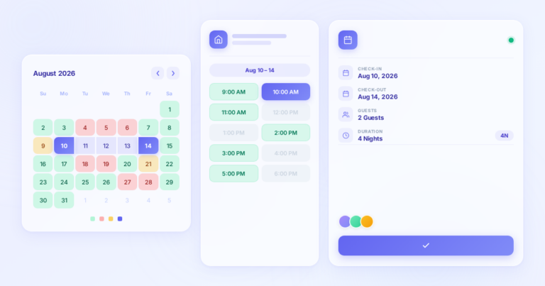 Booking Calendar Review 2026: featured banner showing an availability calendar with color-coded date states, a resource time-slot picker, and a booking dashboard summary card