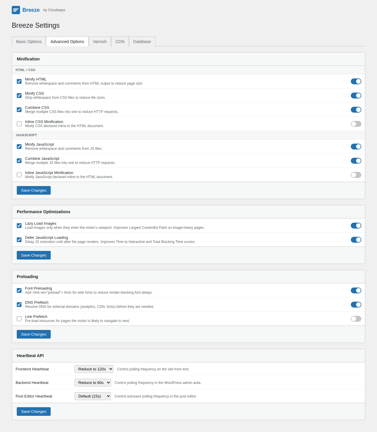 Breeze Cache Advanced Options tab showing Minification section with HTML, CSS, Combine CSS, Minify JS, and Combine JS toggles enabled; Performance Optimizations section with Lazy Load Images and Defer JavaScript Loading enabled; Preloading section with Font Preloading and DNS Prefetch enabled; and Heartbeat API section with frontend and backend frequency controls