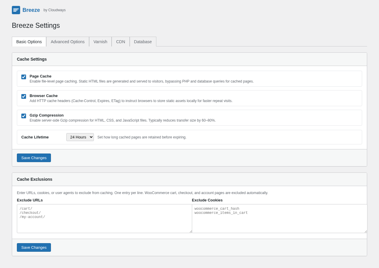 Breeze Cache Basic Options settings tab in WordPress admin showing the five settings tabs (Basic Options, Advanced Options, Varnish, CDN, Database), Cache Settings with Page Cache, Browser Cache, and Gzip Compression checkboxes enabled, Cache Lifetime dropdown set to 24 Hours, and Cache Exclusions section with URL and cookie exclusion text areas