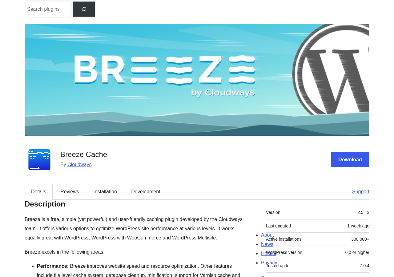 Breeze Cache plugin listing on WordPress.org showing the plugin name, Cloudways author, version 2.5.13, 300,000+ active installations, and the Breeze by Cloudways banner image