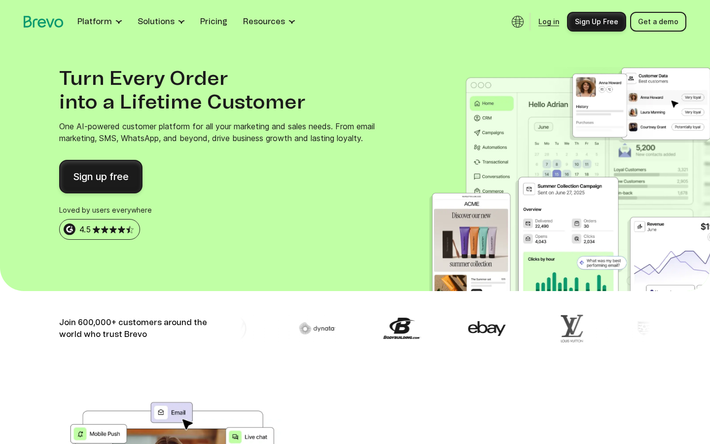 Brevo homepage showing the headline Turn Every Email SMS Order Interaction into a Lifetime Customer with free sign-up button and 600000 customer count