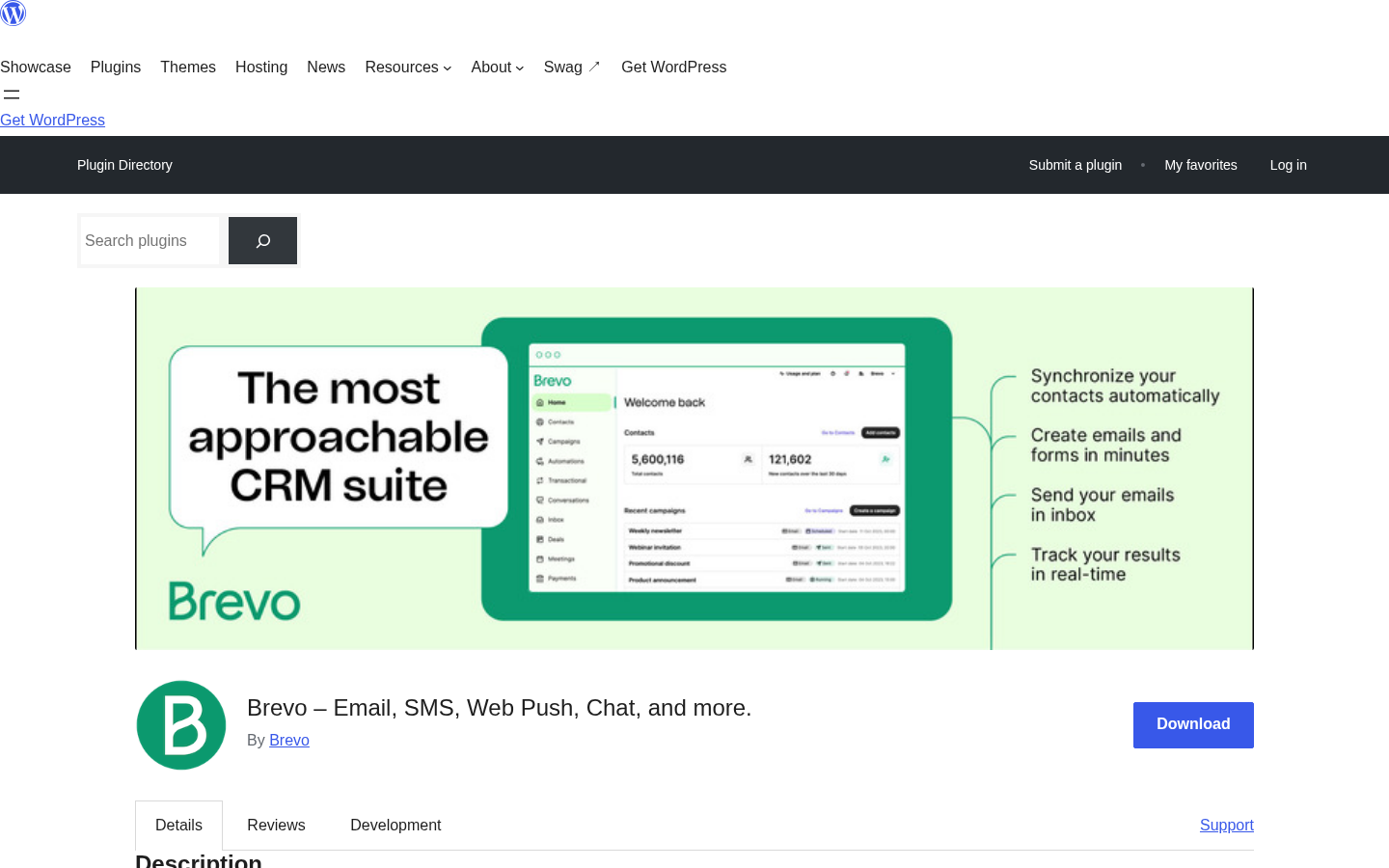 WordPress.org listing for Brevo plugin showing version 3.3.5, 100,000 plus active installs, and 4.1-star rating from 285 reviews