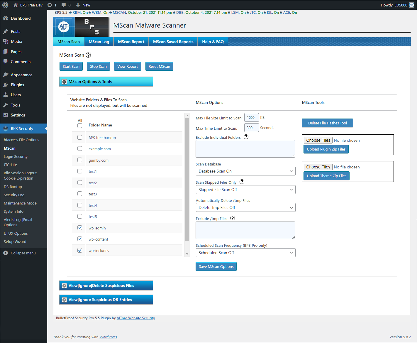 BulletProof Security .htaccess Firewall mode configuration screen showing Root Folder and WP-Admin folder security options