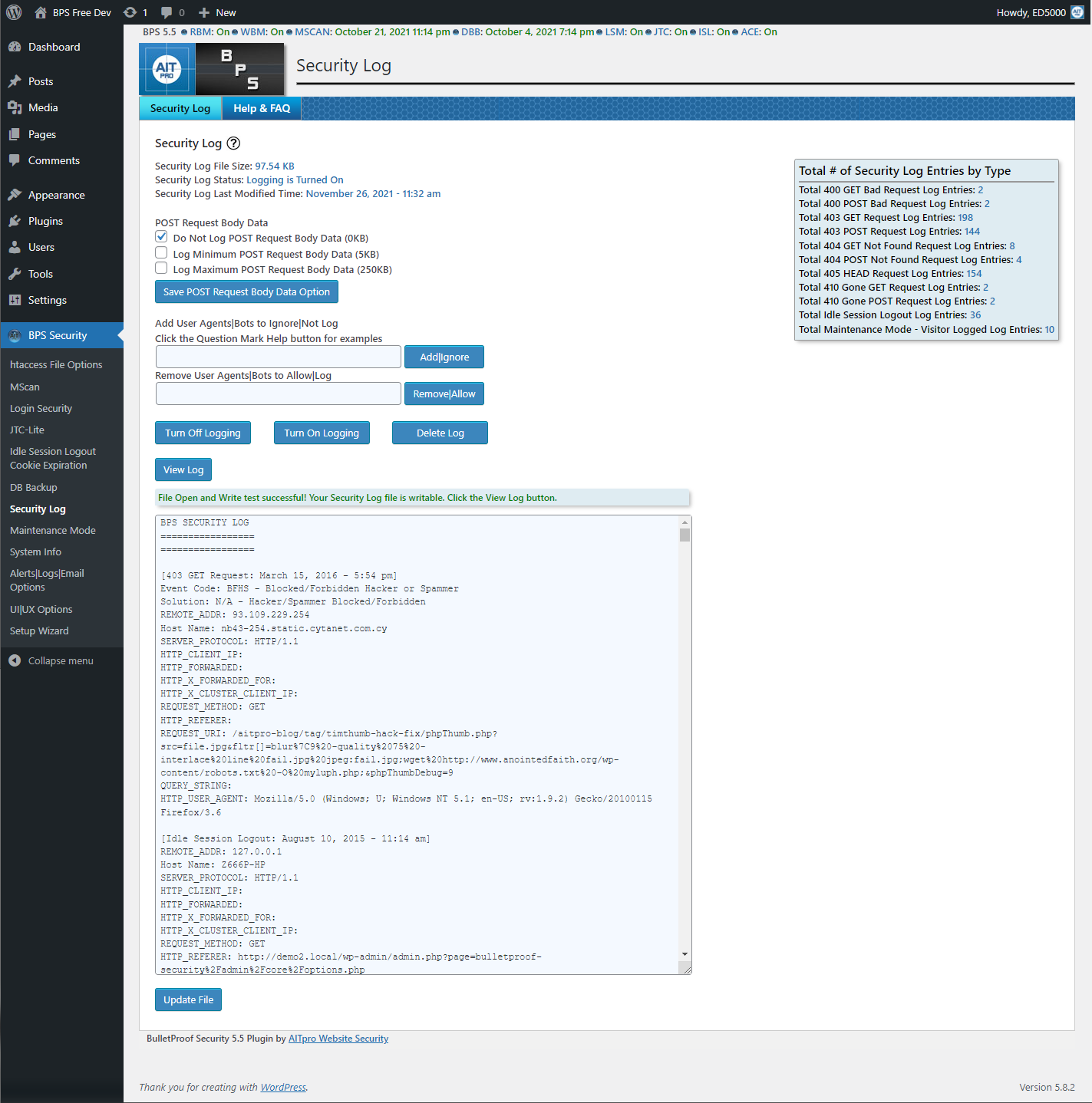 BulletProof Security Login Security and Monitoring configuration screen showing lockout threshold settings and JTC-Lite anti-spam status