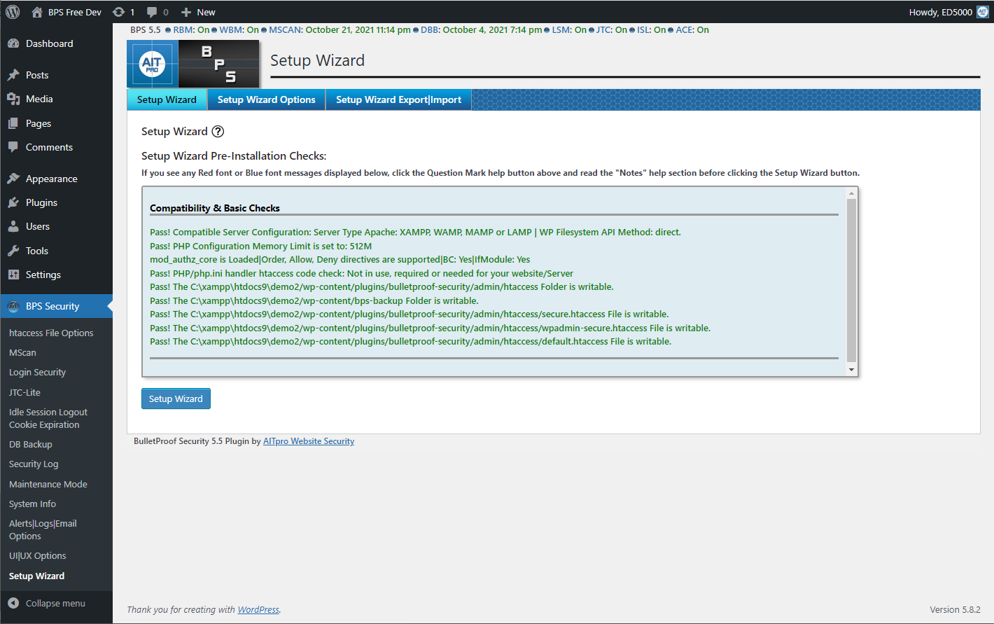 BulletProof Security Setup Wizard screen showing the one-click setup button and AutoFix status indicators with pre-installation check results