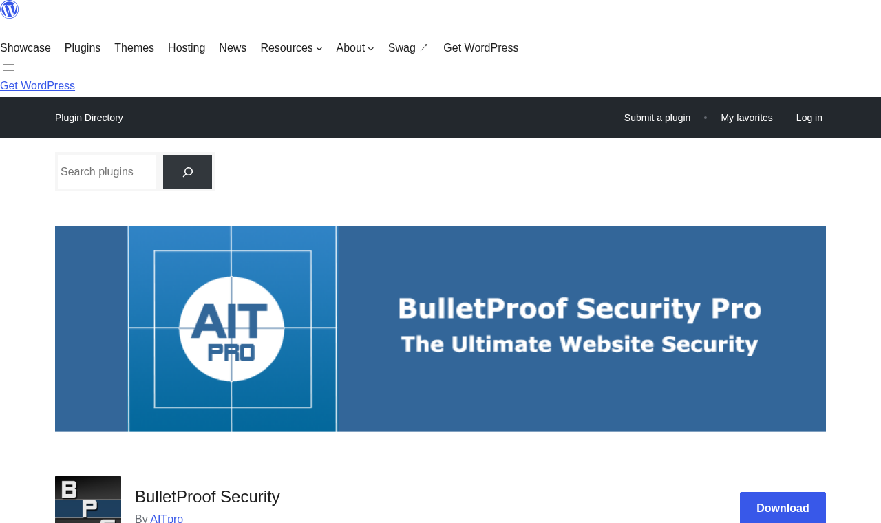 BulletProof Security plugin listing on WordPress.org showing version 7.2, 20,000 plus active installs, and 4.8-star overall rating
