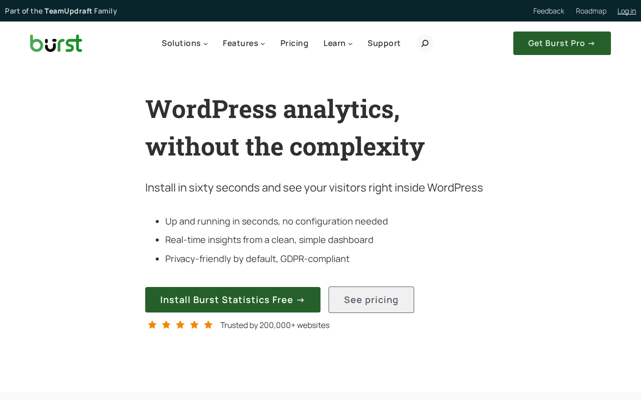 Burst Statistics analytics plugin homepage on burst-statistics.com showing the headline, 200,000 plus sites social proof badge, and dashboard preview