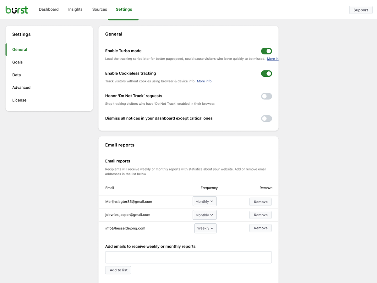 Burst Statistics sources and UTM tracking dashboard showing visitor origin breakdown by source and medium, available in Burst Pro Creator plan and above