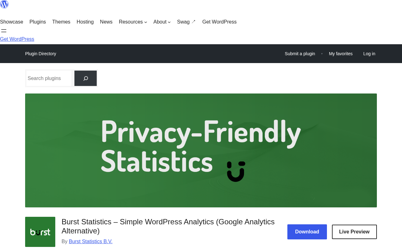 Burst Statistics WordPress.org plugin listing showing 200,000 plus active installs, 4.9-star rating, version 3.6.3, last updated August 19 2026, tested up to WordPress 7.1