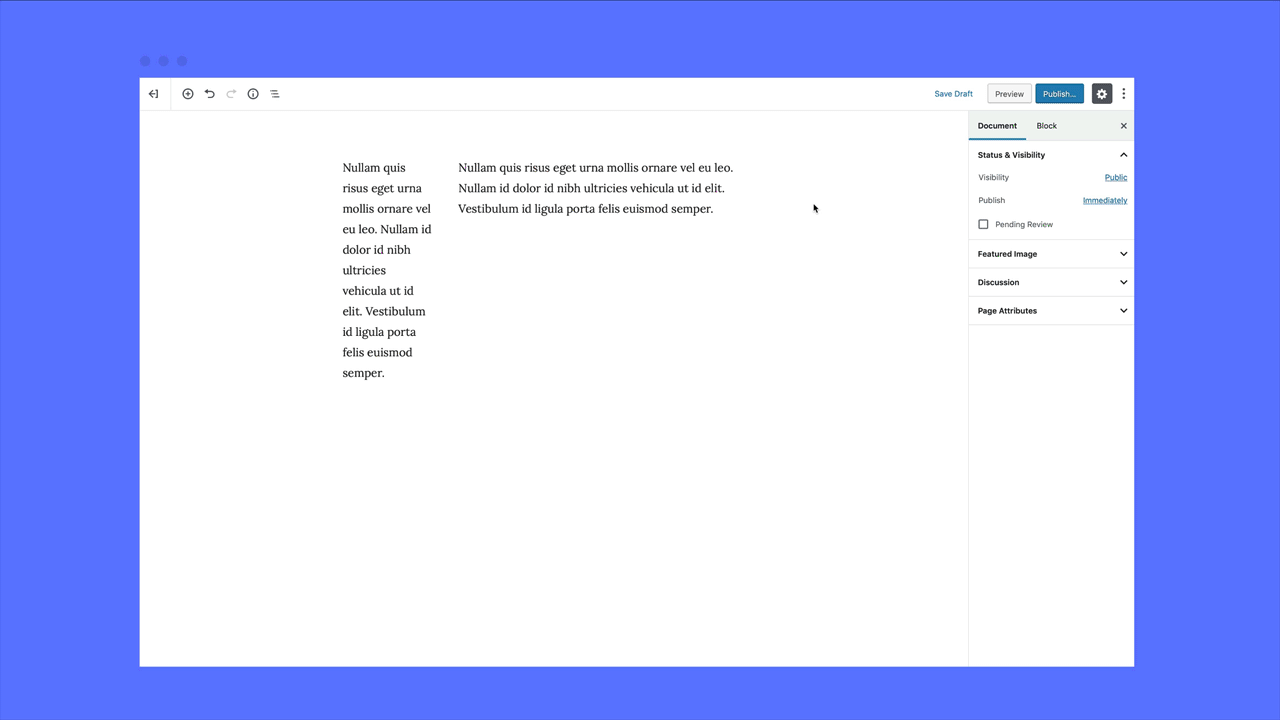 CoBlocks Row and Columns block in the WordPress block editor showing a multi-column layout system, the CoBlocks Row/Columns block lets publishers build modular grid layouts with responsive column controls