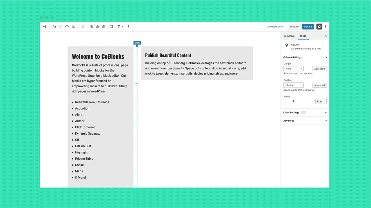 CoBlocks Row blocks in the WordPress Gutenberg editor demonstrating the column drag-to-resize functionality, allowing publishers to adjust column widths directly on the editing canvas