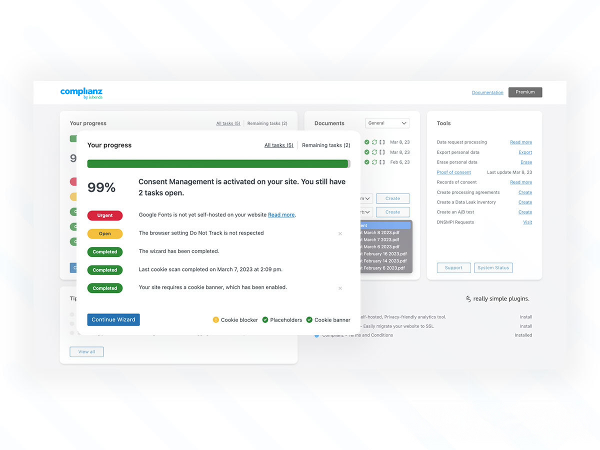 Complianz dashboard privacy hub in WordPress
