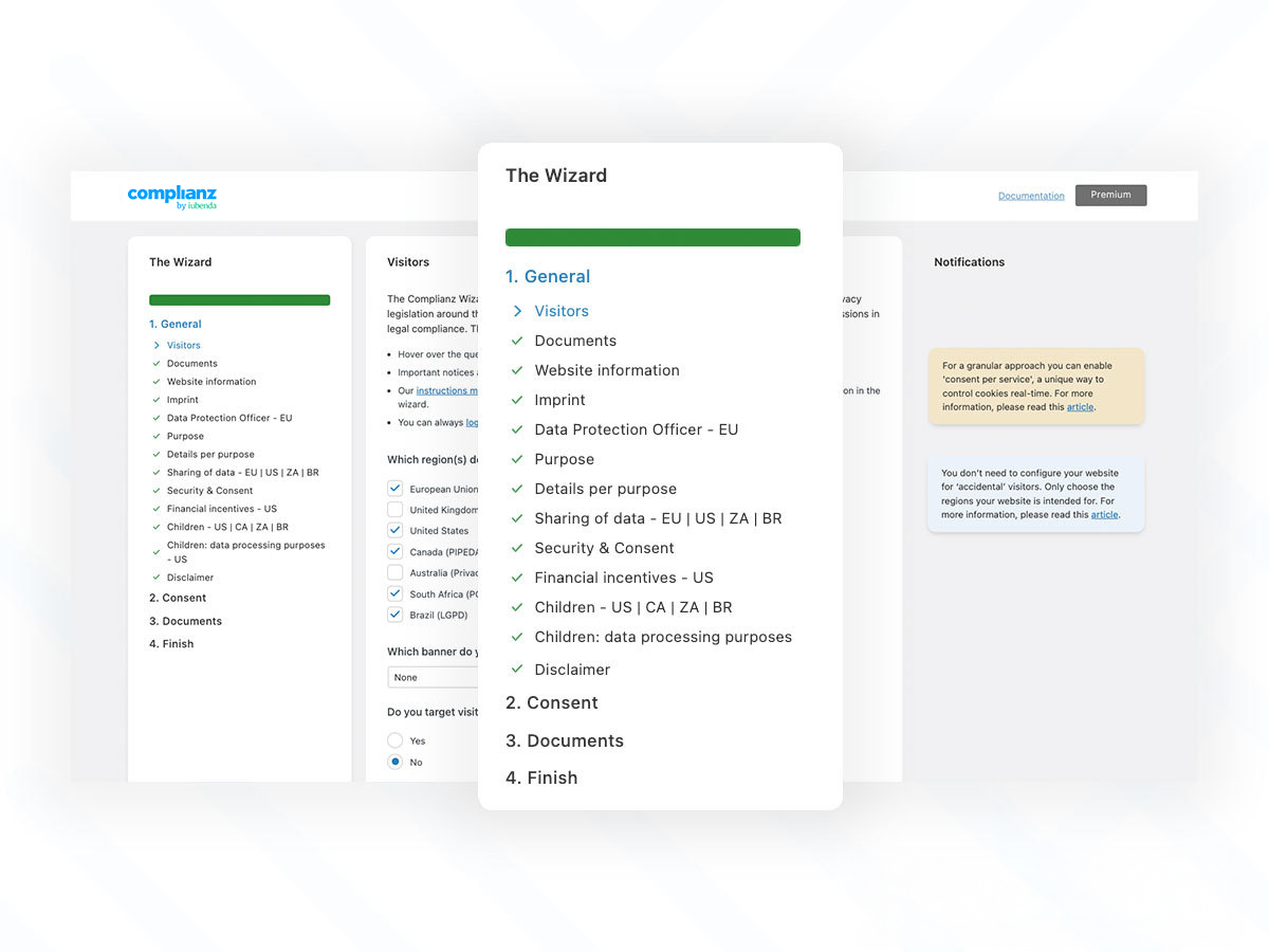 Complianz setup wizard for configuring cookie consent in WordPress