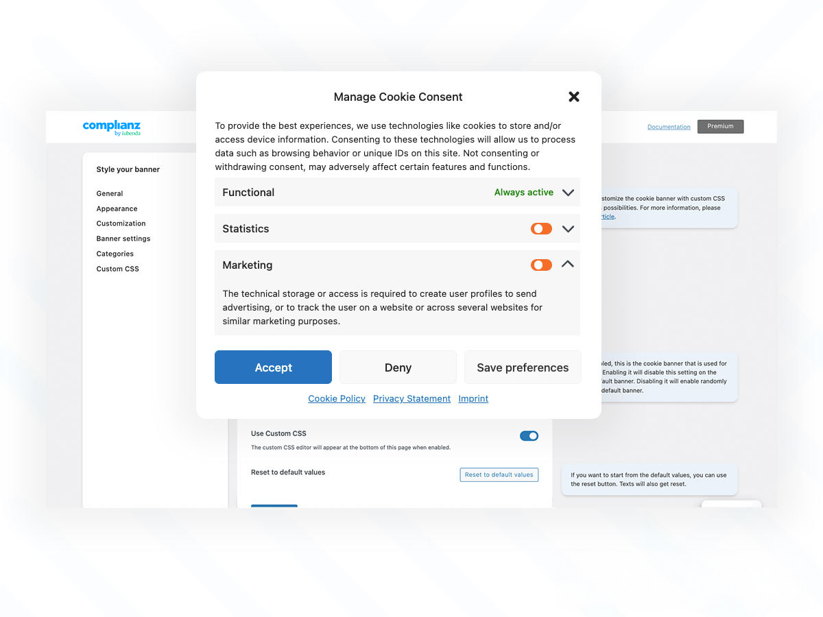 Complianz cookie banner customization options in WordPress