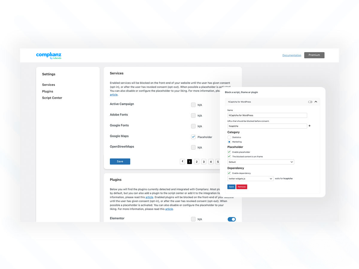 Complianz integrations screen for plugins themes and services