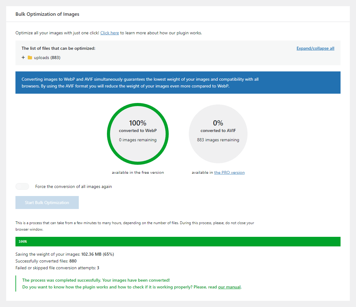 Converter for Media bulk optimization screen showing conversion progress across the WordPress media library