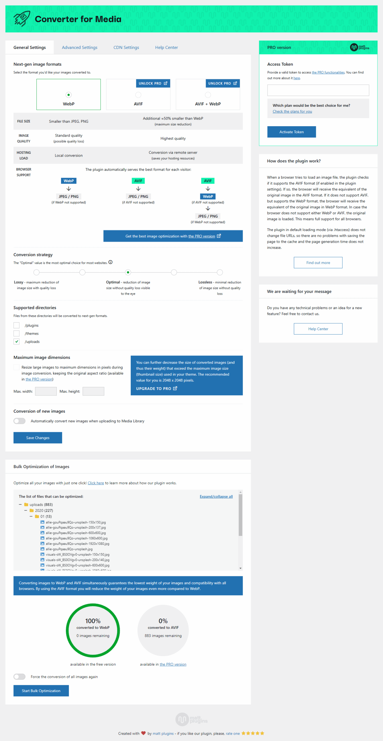 Converter for Media plugin settings interface showing the General tab with WebP and AVIF format options