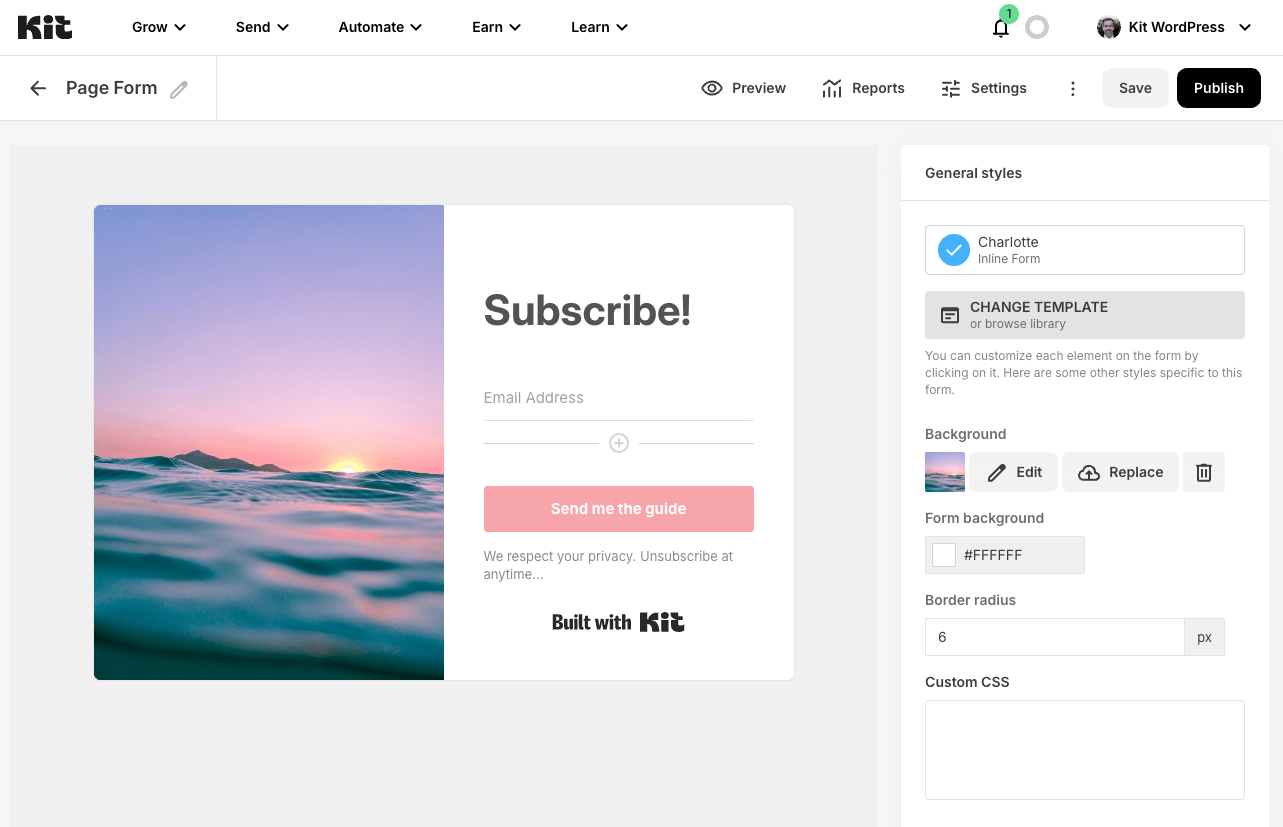 Kit formerly ConvertKit WordPress plugin showing forms and email marketing integration in the WordPress admin