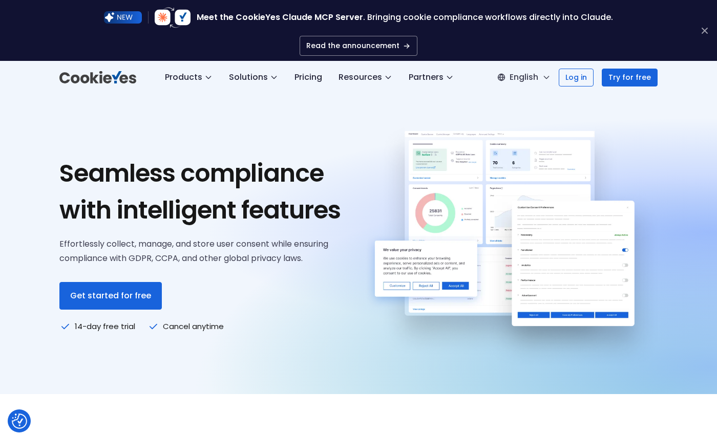 CookieYes features overview page showing the core feature blocks: cookie scanner, consent management, auto-blocking, and compliance framework integrations with Google Consent Mode v2 and IAB TCF v2.3.