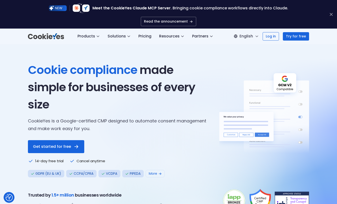 CookieYes homepage showing the headline and subheadline emphasizing the automated cookie consent platform with auto-blocking, consent log, and cookie scanning, alongside trust stats including 1.5 million businesses worldwide and logos of enterprise clients.