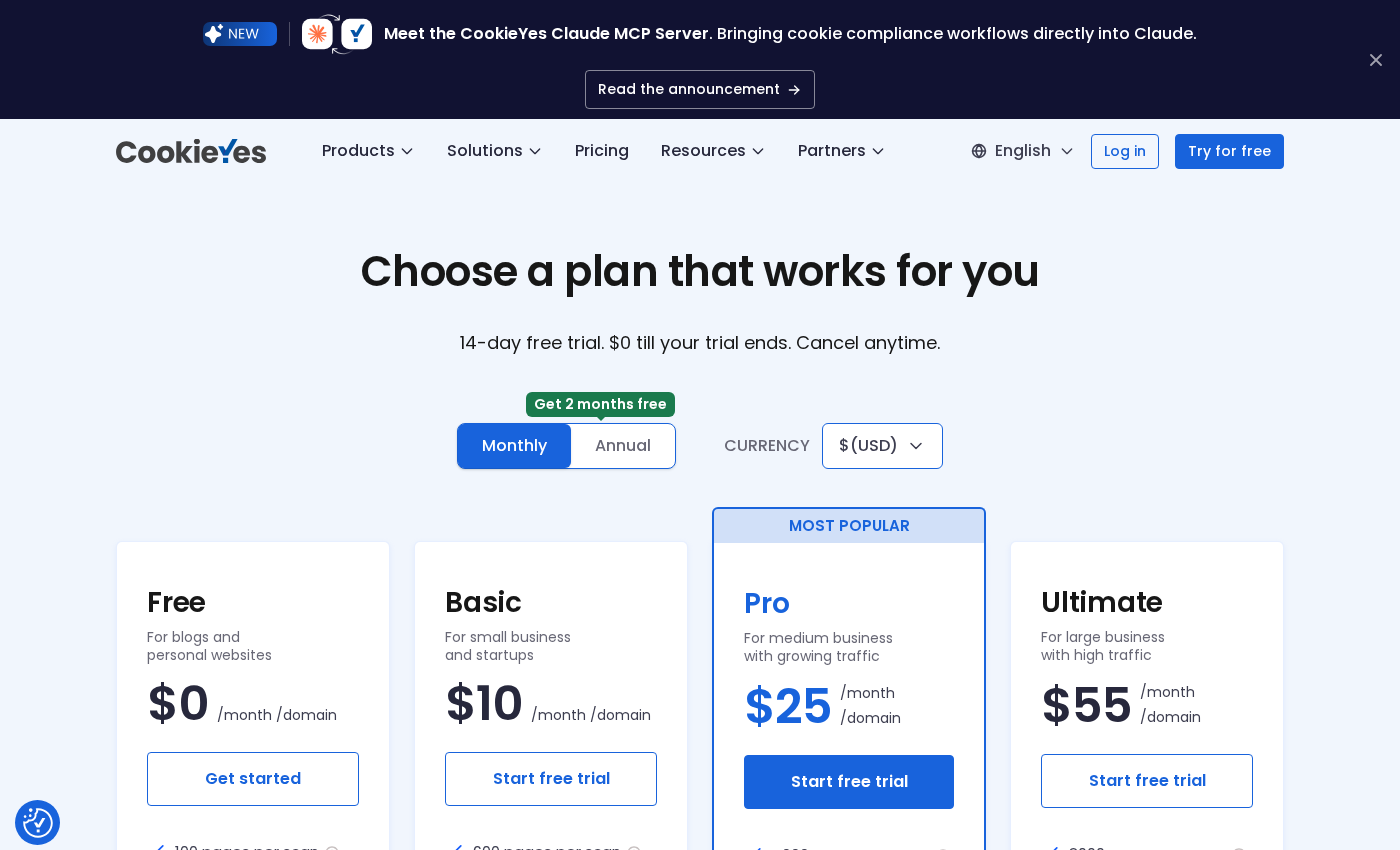 CookieYes pricing page showing the four plan cards: Free, Basic, Pro (most popular), and Ultimate, with monthly prices and key features listed under each plan.