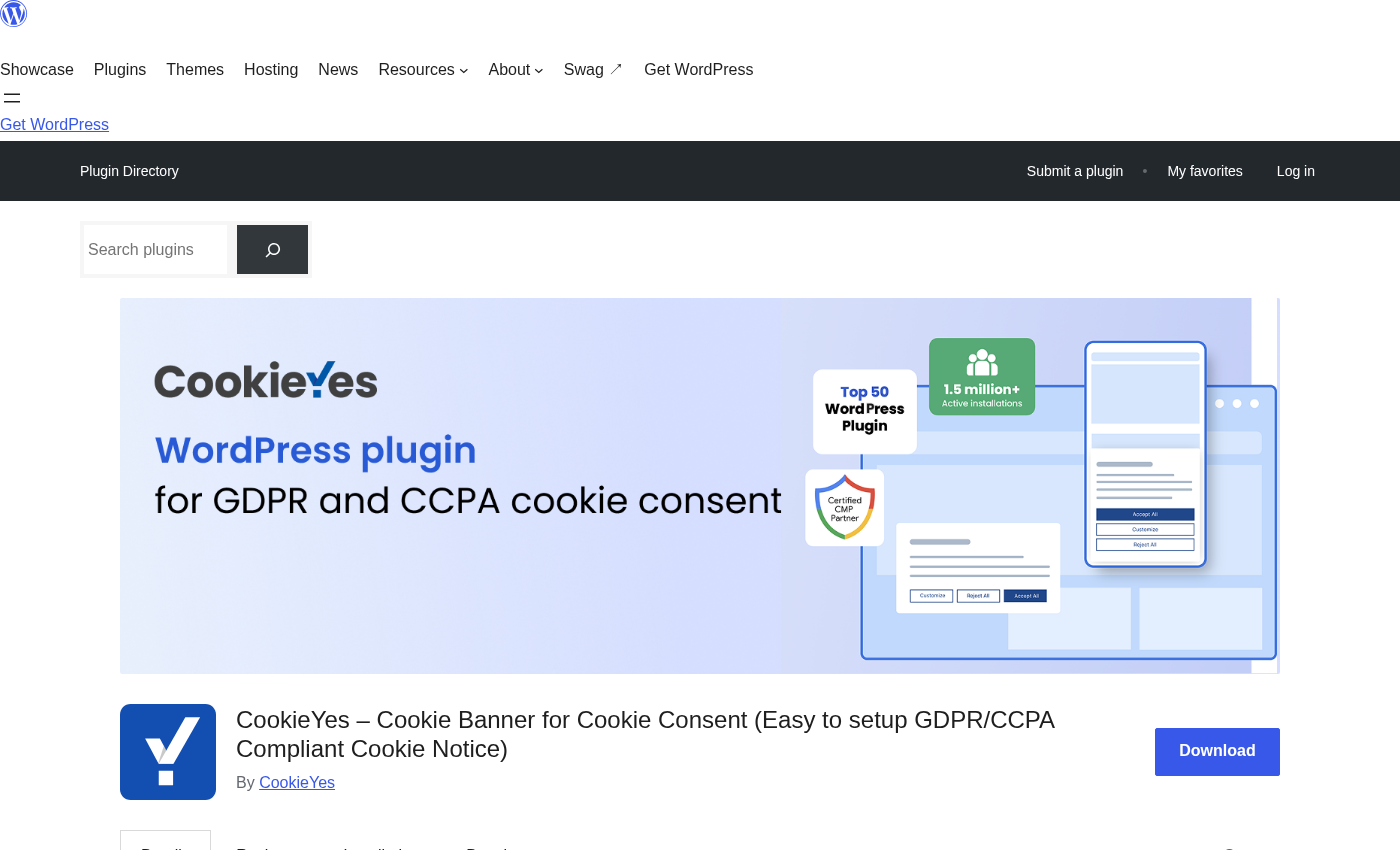 CookieYes WordPress.org plugin listing showing the plugin name "CookieYes - Cookie Banner for Cookie Consent," 1+ million active installations, 4.8 out of 5 star rating, version 3.5.5, and last updated recently.