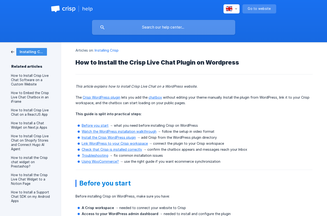 Crisp help documentation showing the WordPress plugin installation steps