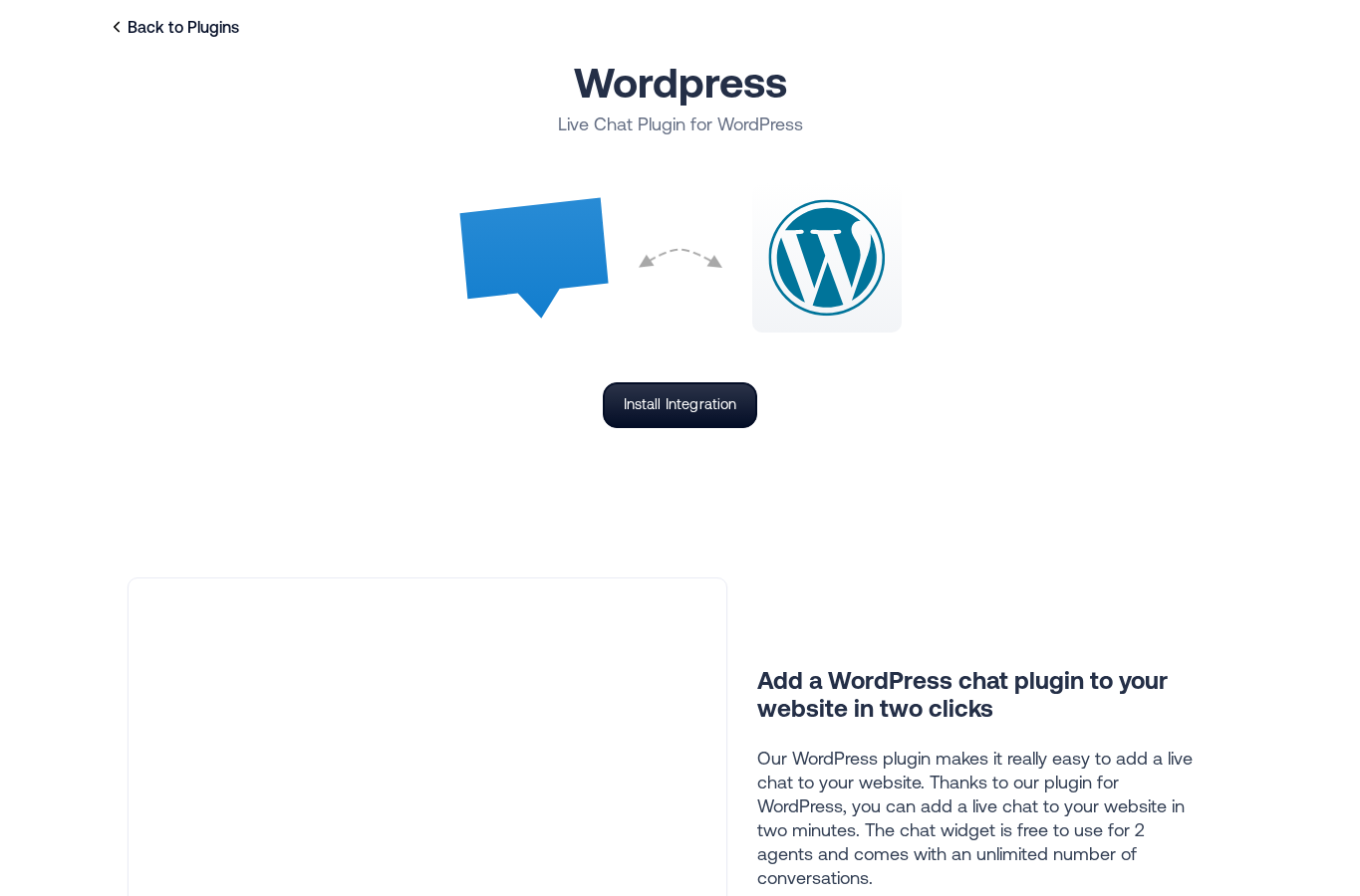 Crisp WordPress integration page describing the live chat plugin setup