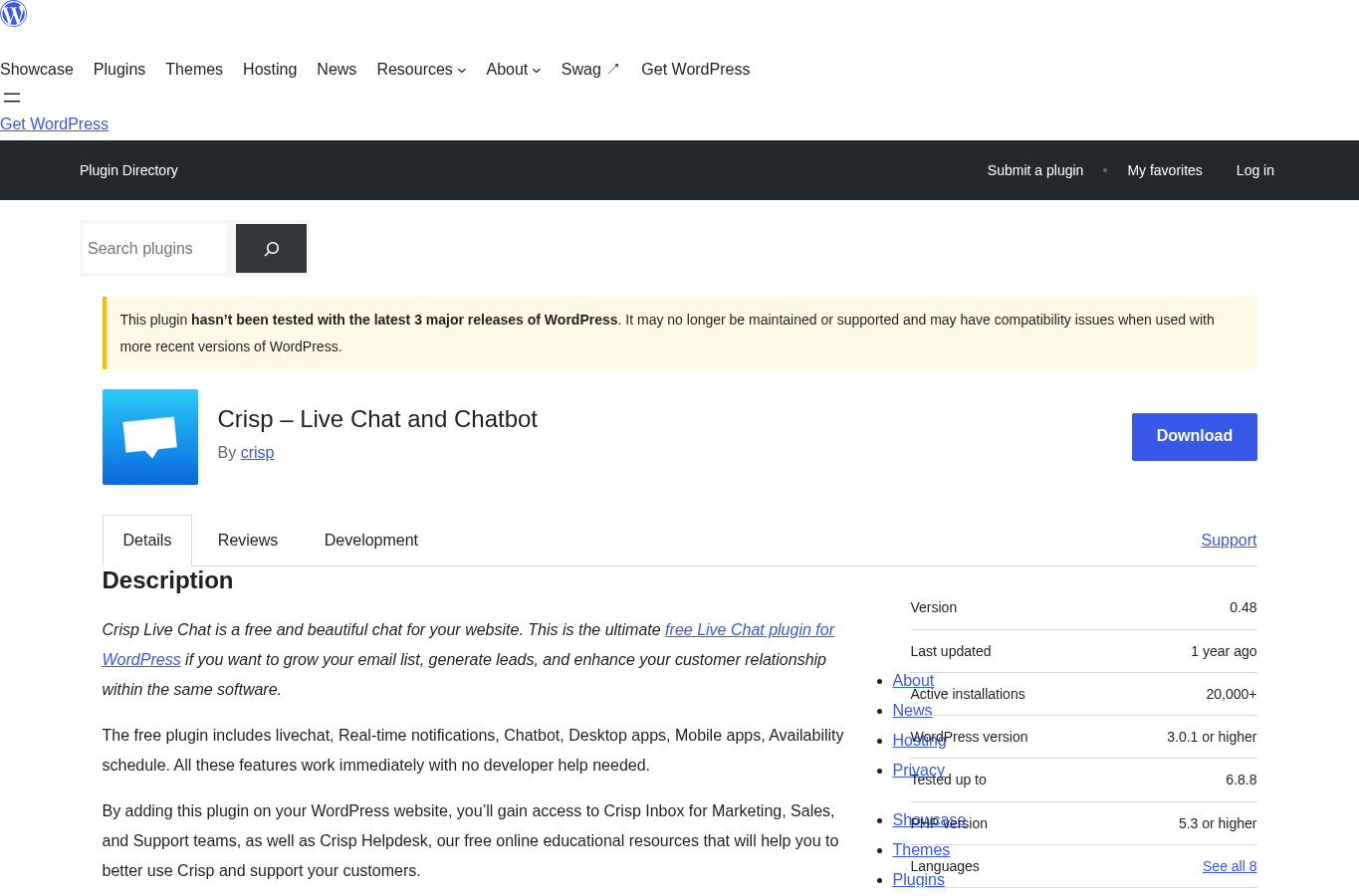 Crisp WordPress plugin listing on WordPress.org showing rating, install count, and compatibility warning