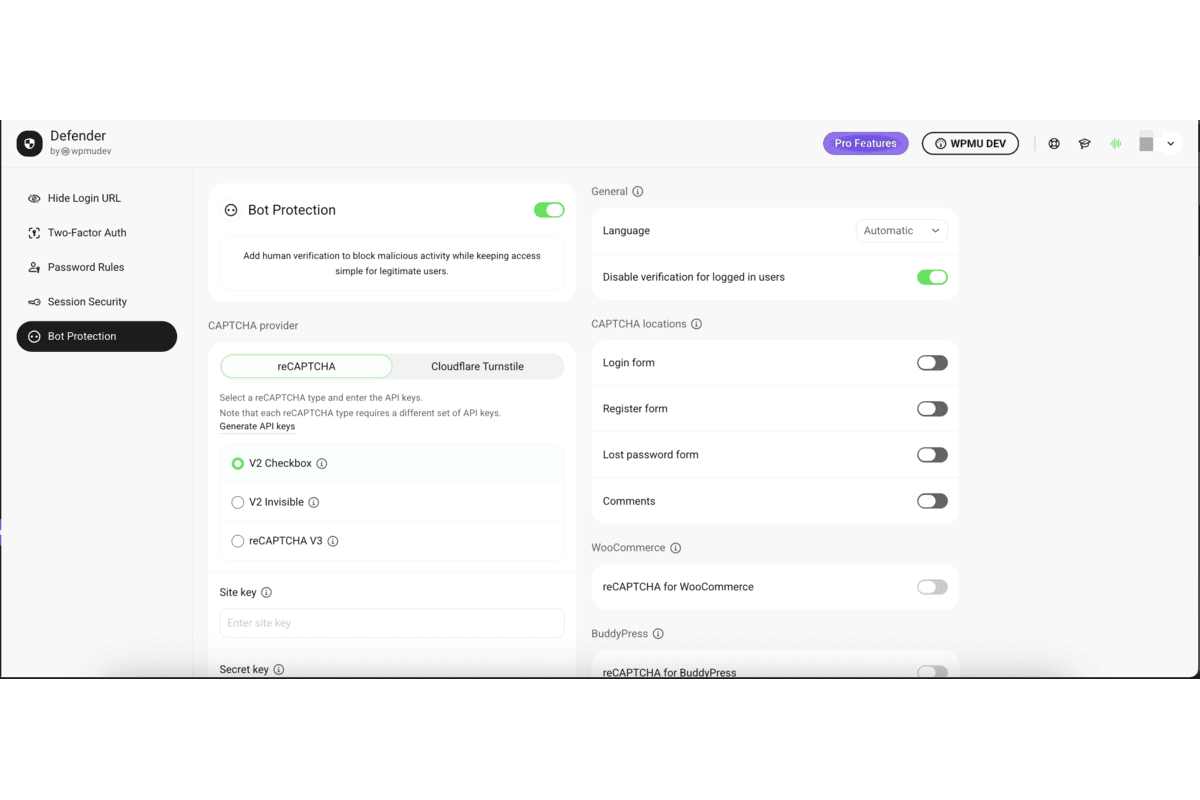 Defender CAPTCHA configuration screen showing options to enable reCAPTCHA and Cloudflare Turnstile on login, registration, and lost password forms