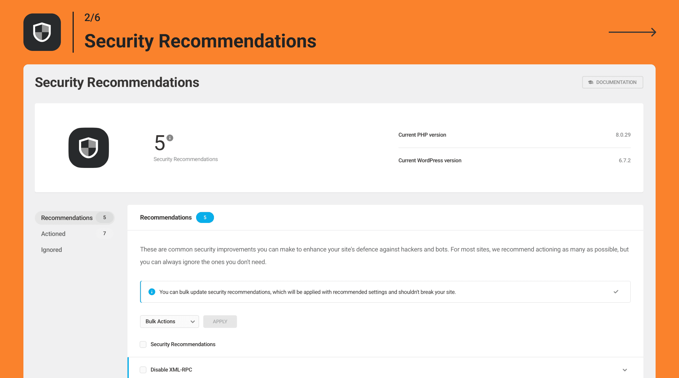 Defender Security dashboard showing the monitor site security status panel, with active threats indicator, firewall status, scan status, and security recommendations
