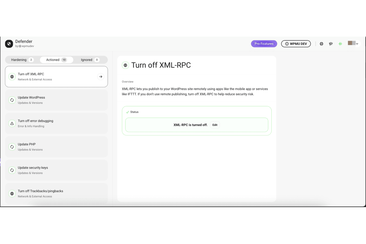 Defender's one-click hardening panel showing the twelve recommended security tweaks with status indicators, each accompanied by a plain-language explanation and a single toggle or action button to apply the change