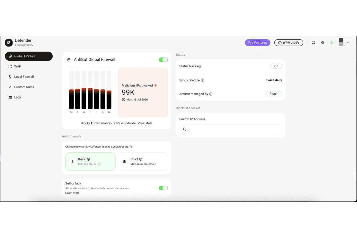 Defender's IP blocking features showing the automatic malicious IP blocking interface, with the AntiBot Global Firewall connection indicator, IP logging, and manual block and allowlist management options
